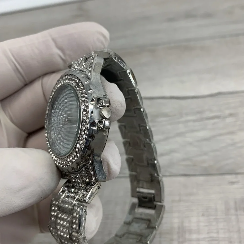 Rhinestone‎ Stainless Steel Big Round Woman's Watch Stainless Steel Bracelet